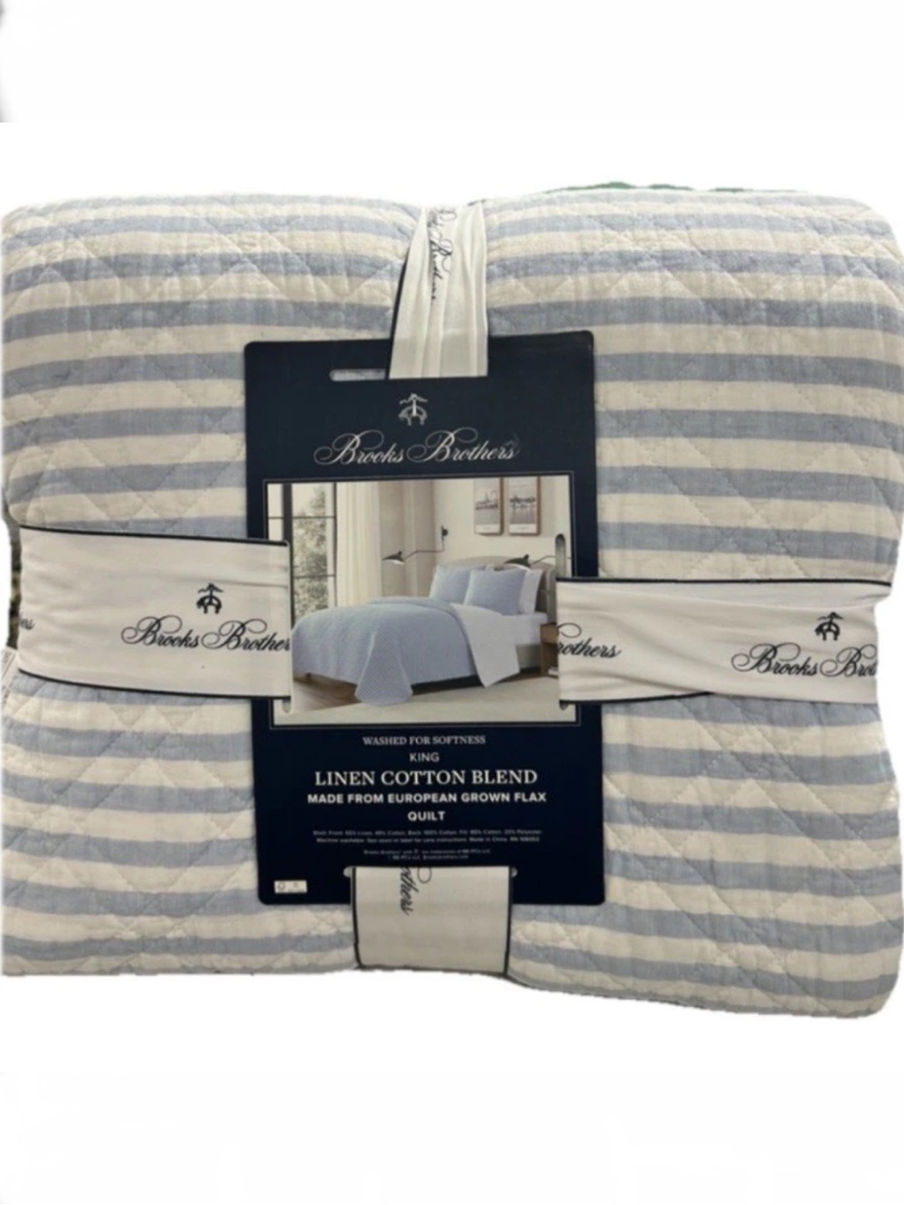 Brooks Brothers Linen Cotton King Blue and White Striped Quilt 106”x92”